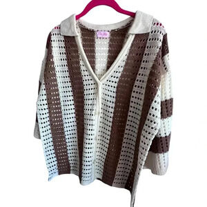 Pink Lily Brown Long Sleeve Front Button Crochet Sweater Medium